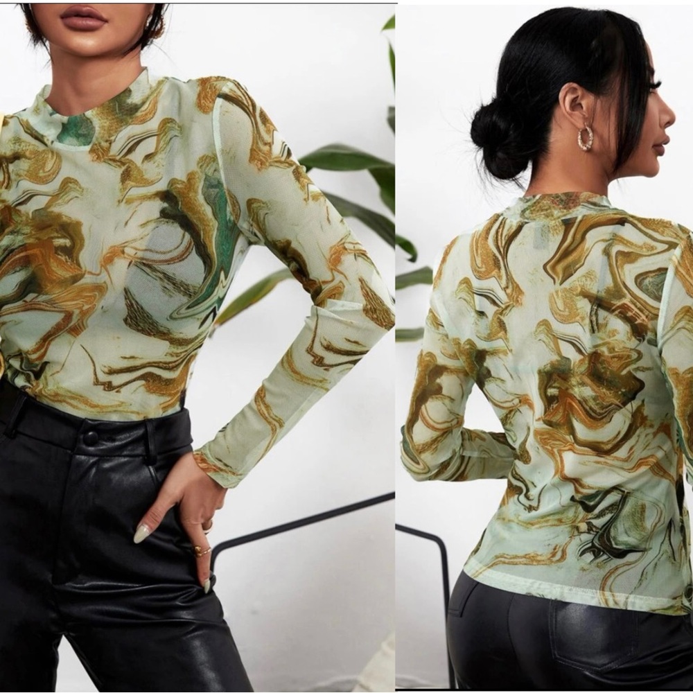 Marble Print Mock Neck Mesh Top